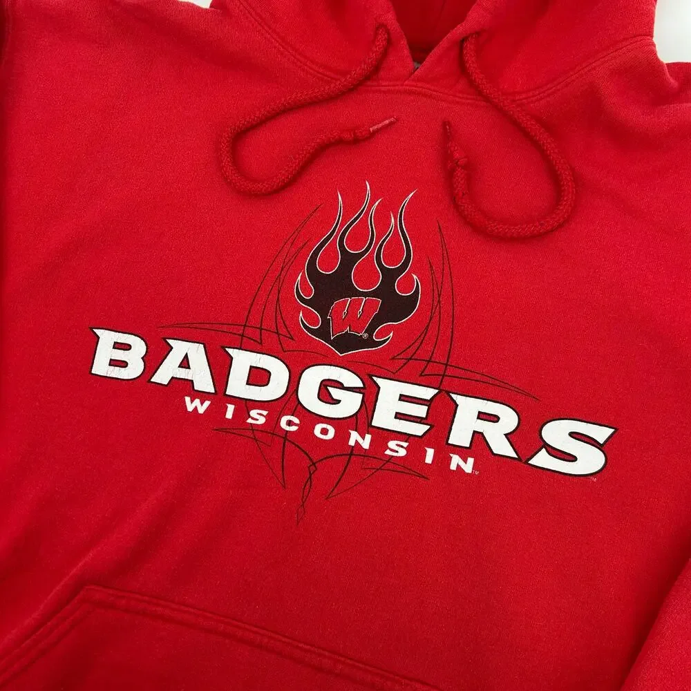 Vintage y2k Men's Red Flames UW Madison Wisconsin Badgers Hoodie Sweatshirt Sz M - Picture 2 of 5